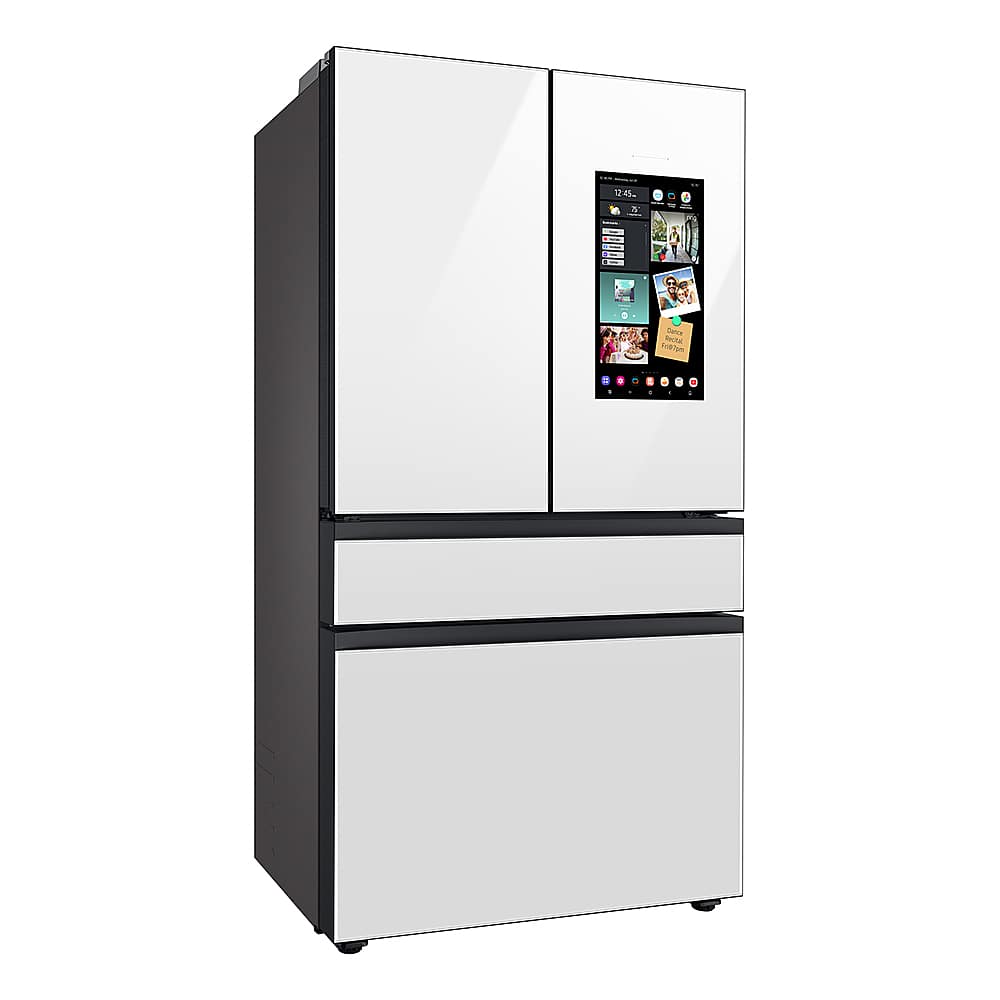 The image features a large white refrigerator with a built-in computer screen on the door. The screen displays various photos, which may be part of a slideshow or a collection of images. The refrigerator is a modern appliance that likely offers advanced features and functionalities, such as temperature control, energy-saving modes, and possibly even smart home integration.