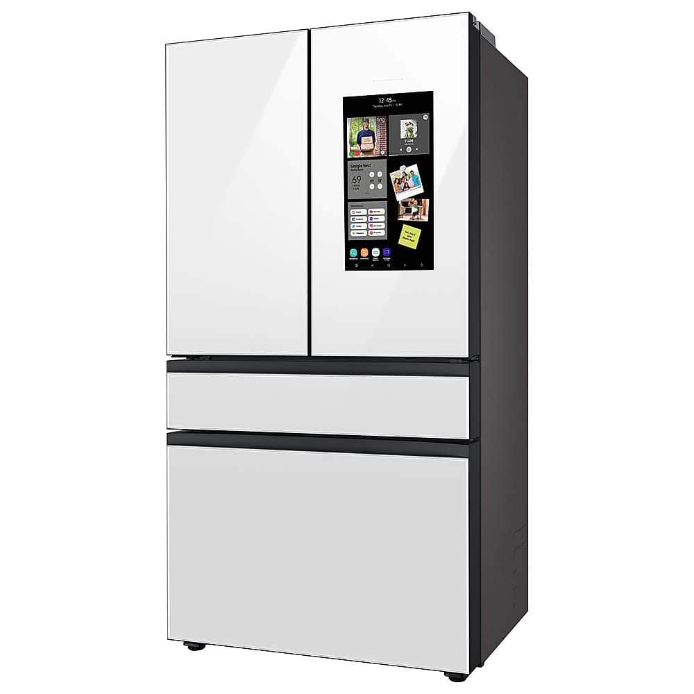 The image features a large refrigerator with a built-in screen on the door. The screen displays various icons, including a clock, a calendar, and a weather forecast. The refrigerator is white and has a modern design, making it an attractive addition to any kitchen.