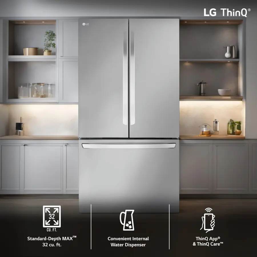The image features a large metallic refrigerator with a freezer on top. The refrigerator is placed in a kitchen setting with a countertop and a shelf above it. The refrigerator is described as having a standard-depth design and a convenient internal water dispenser. Additionally, the refrigerator is part of the LG ThinQ app and ThinQ Care system, which may offer smart home features and remote monitoring capabilities.