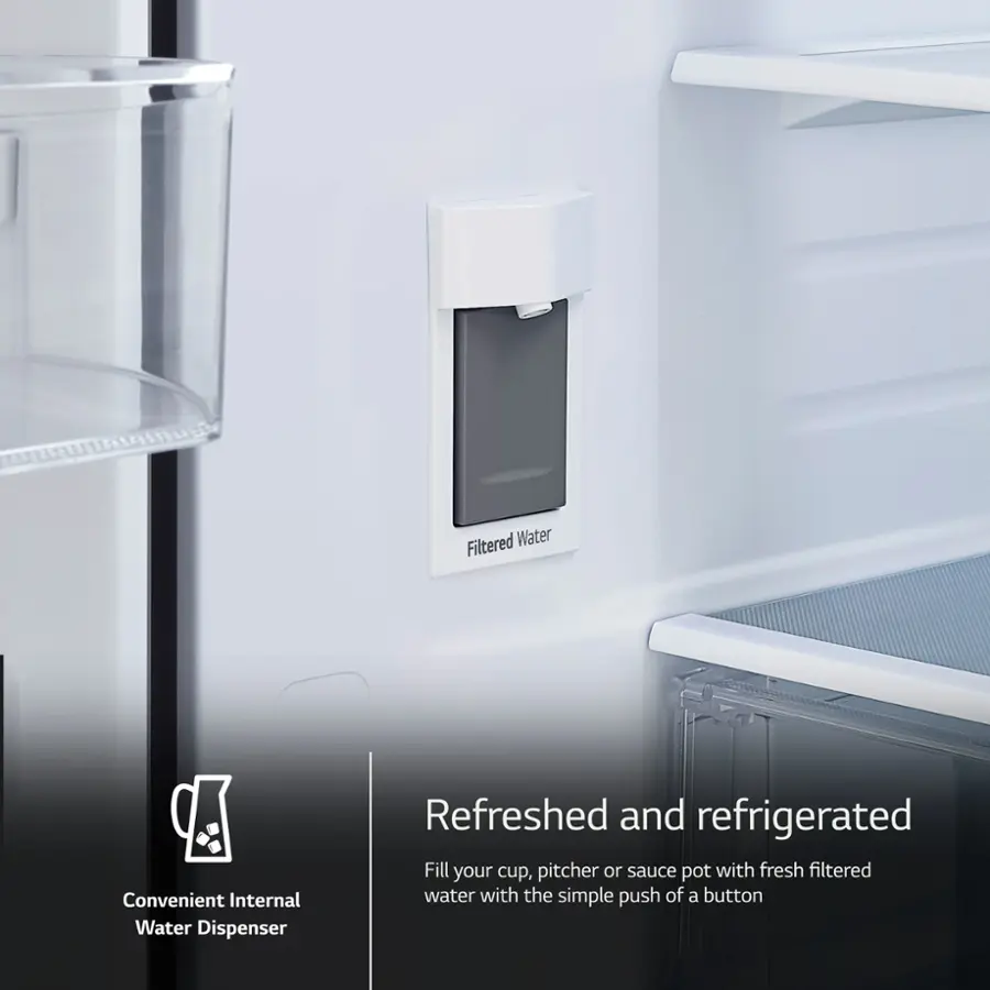 The image features a refrigerator with a water dispenser on the door. The dispenser is conveniently located inside the refrigerator, providing easy access to fresh, filtered water. The dispenser is designed to be refreshing and refrigerated, ensuring that the water remains cool and clean. To use the dispenser, simply press the button and fill your cup, pitcher, or sauce pot with fresh filtered water.