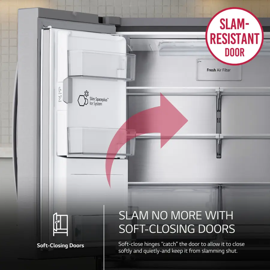 The image features a refrigerator with a slam-resistant door, which is designed to prevent the door from slamming shut. The door is equipped with soft-closing hinges that allow it to close gently and quietly, providing a more convenient and quieter experience for the user. The refrigerator also has a fresh air filter system, which helps maintain a clean and healthy environment inside the appliance.