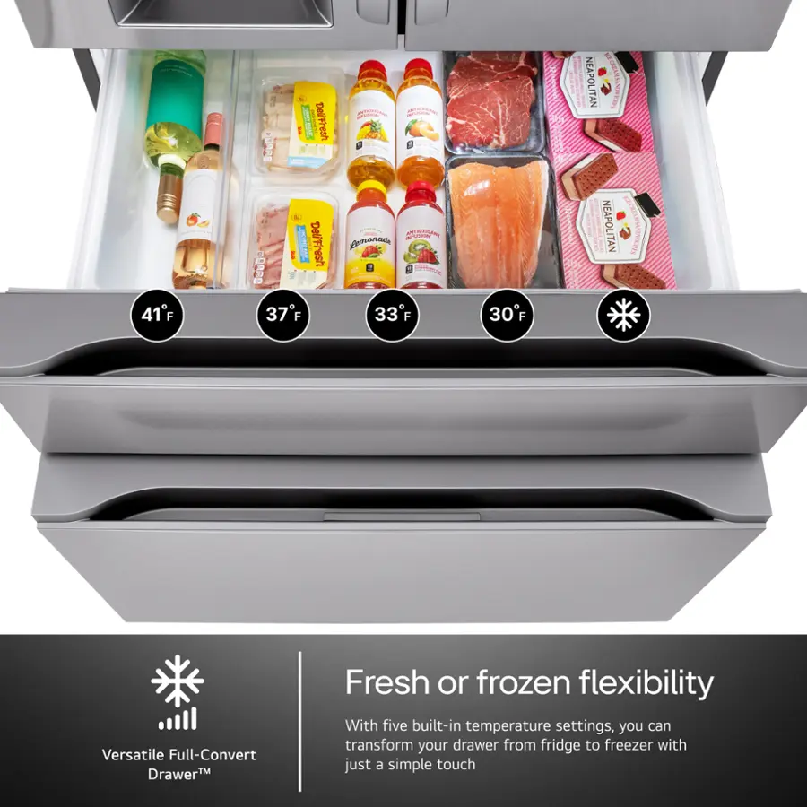 The image showcases a refrigerator with a drawer that can be used for both fresh and frozen foods. The drawer is filled with various food items, including meat, bottles, and other food items. The refrigerator has a temperature range of 41°F to 37°F, and it is advertised as a Versatile Full-Convert Drawer that allows for easy switching between fridge and freezer settings. The drawer is designed to provide flexibility and convenience for users, making it a practical addition to the refrigerator.
