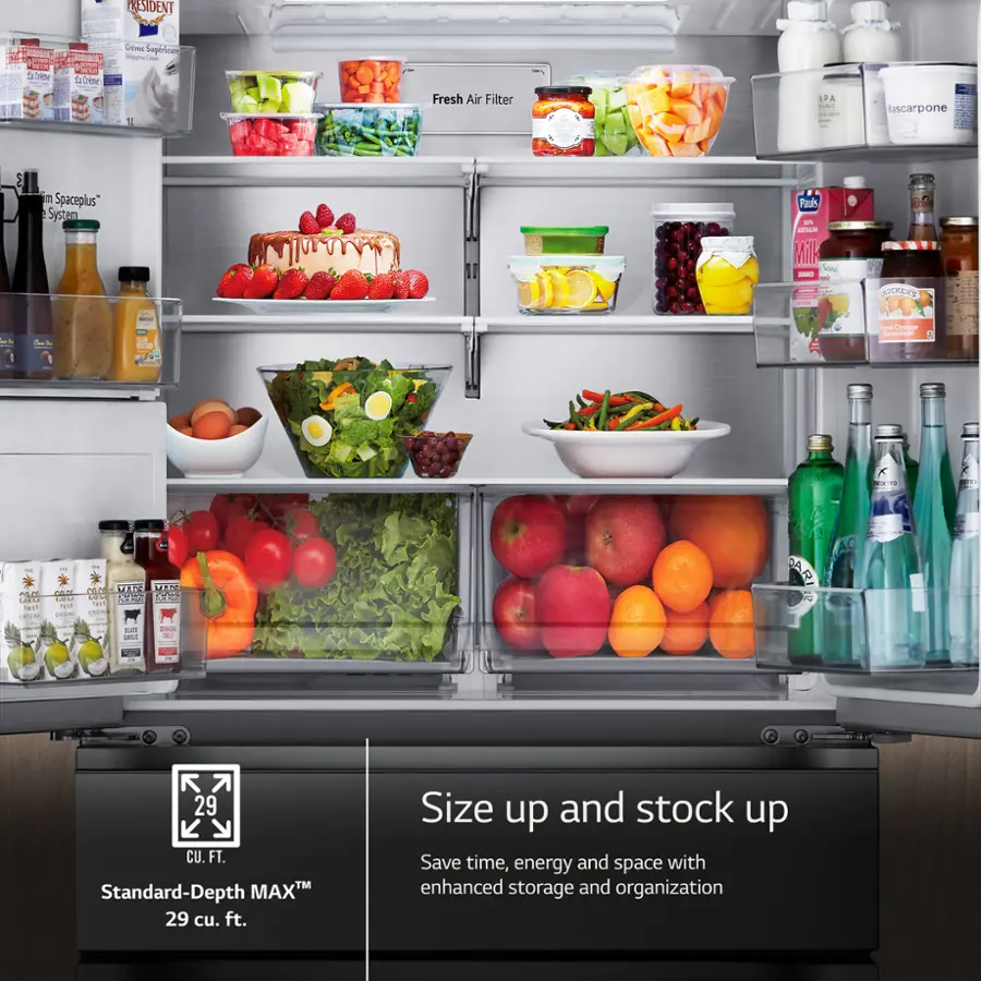 The image showcases a large, well-stocked refrigerator filled with various food items. The refrigerator is fully stocked with a wide assortment of fruits, vegetables, and other food items, making it an ideal choice for a family or someone who enjoys having a variety of options available. The refrigerator is also equipped with a fresh air filter, which helps maintain a clean and healthy environment for the food stored inside. With its spacious interior and efficient organization, this refrigerator is designed to maximize storage capacity and make it easy to find and access the desired items.