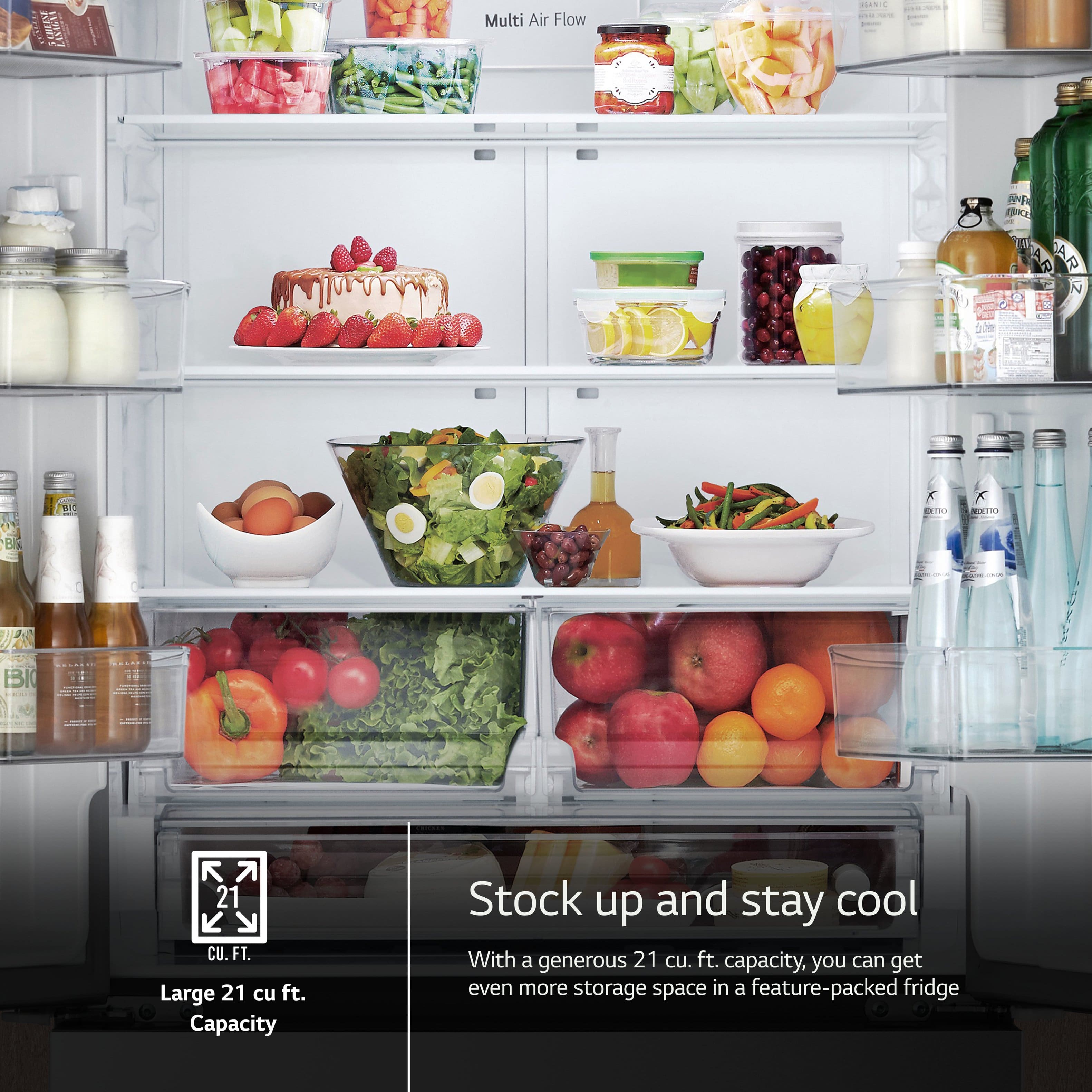 The image showcases a well-stocked refrigerator filled with a variety of food items, including fruits, vegetables, and other foods. The refrigerator is large, with a capacity of 21 cubic feet, allowing for ample storage space. The refrigerator is designed to keep food fresh and cool, making it an ideal choice for stocking up and staying cool during hot weather.