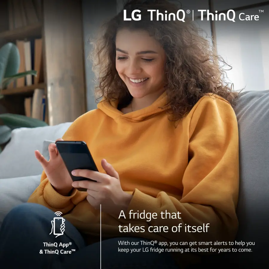 "A fridge that takes care of itself" with the LG ThinQ app and ThinQ Care. The app provides smart alerts to ensure your LG fridge remains in optimal condition for years to come.