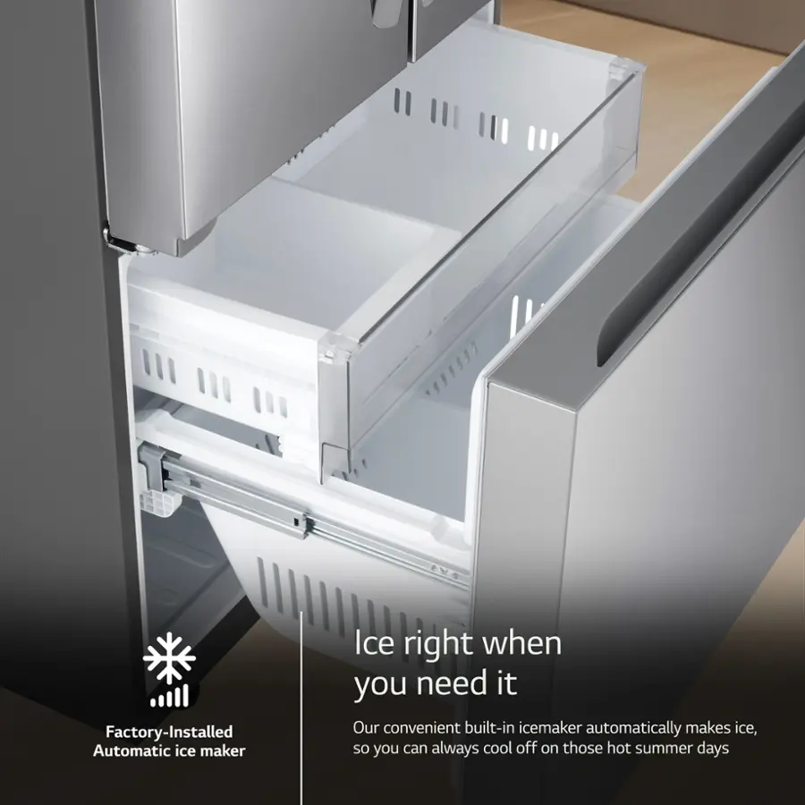 The image features a refrigerator with an automatic ice maker installed in the door. The ice maker is currently empty, and the refrigerator is made of stainless steel. The advertisement emphasizes the convenience of the built-in icemaker, which automatically makes ice, ensuring that you have a cool drink whenever you need it, especially during hot summer days.