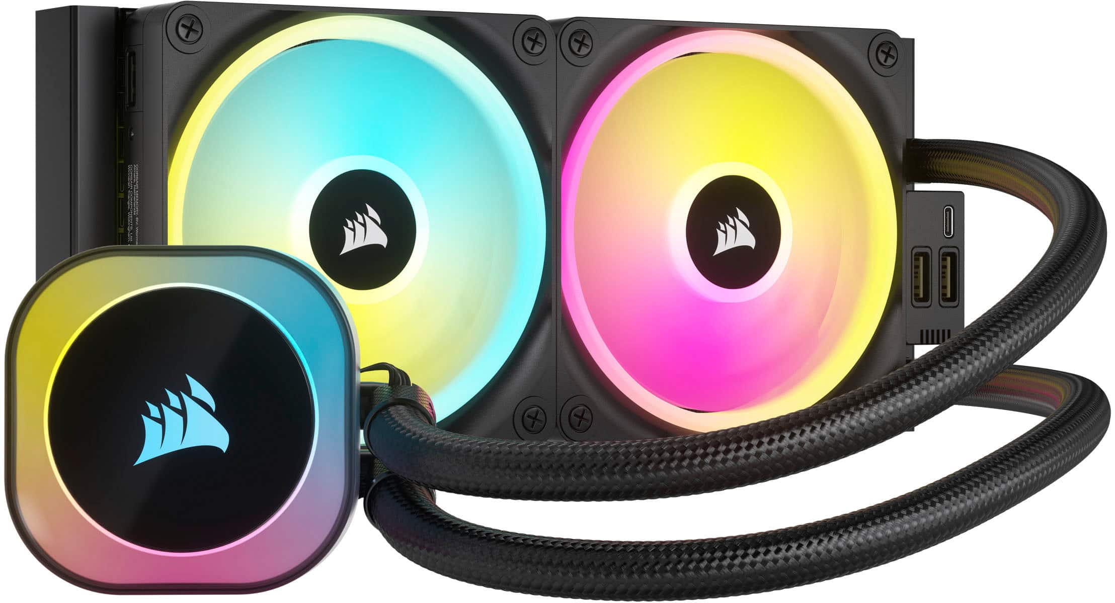 Front. CORSAIR - iCUE LINK H100i RGB Liquid CPU Cooler with QX120 RGB fans - Black.