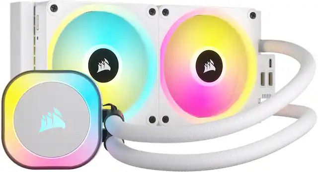 Front. CORSAIR - iCUE LINK H100i RGB Liquid CPU Cooler with QX120 RGB fans - White.