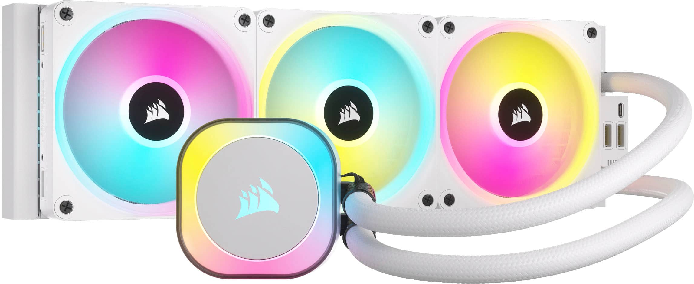 Front. CORSAIR - iCUE LINK H150i RGB Liquid CPU Cooler with QX120 RGB fans - White.