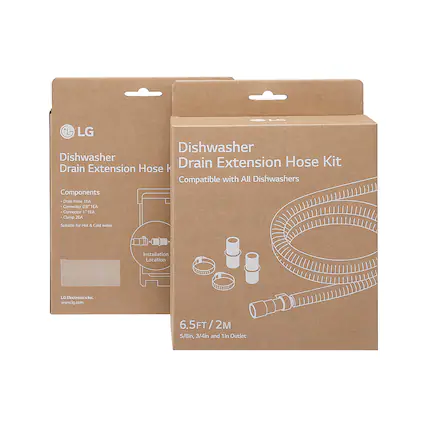 LG Dishwasher Drain Extension Hose Kit. Compatible with all dishwashers. Components include a drain hose, connector, and clamp. Suitable for hot and cold water. Installation location: LG Electronics Inc. www.lg.com. 6.5FT/2M 5/8in, 3/4in and 1in outlet.