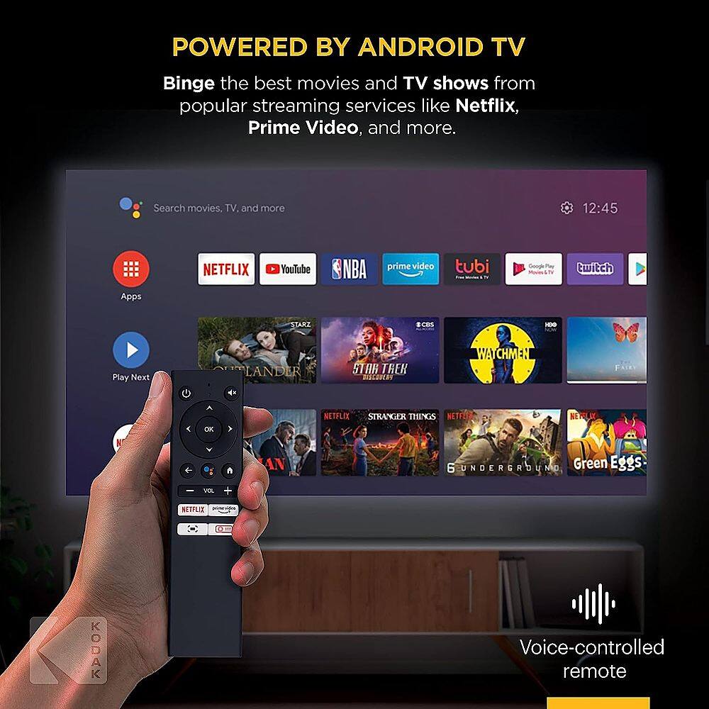 Powered by Android TV, binge the best movies and TV shows from popular streaming services like Netflix, Prime Video, and more. Search movies, TV, and more. 12:45 Apps: Netflix, YouTube, NBA, Prime Video, Tubi, Google Play, Twitch, Starz, Star Trek, Lander, Star Wars, CBC, and more. Play Next: Lander, Star Trek, Star Wars, and more. Voice-controlled remote.