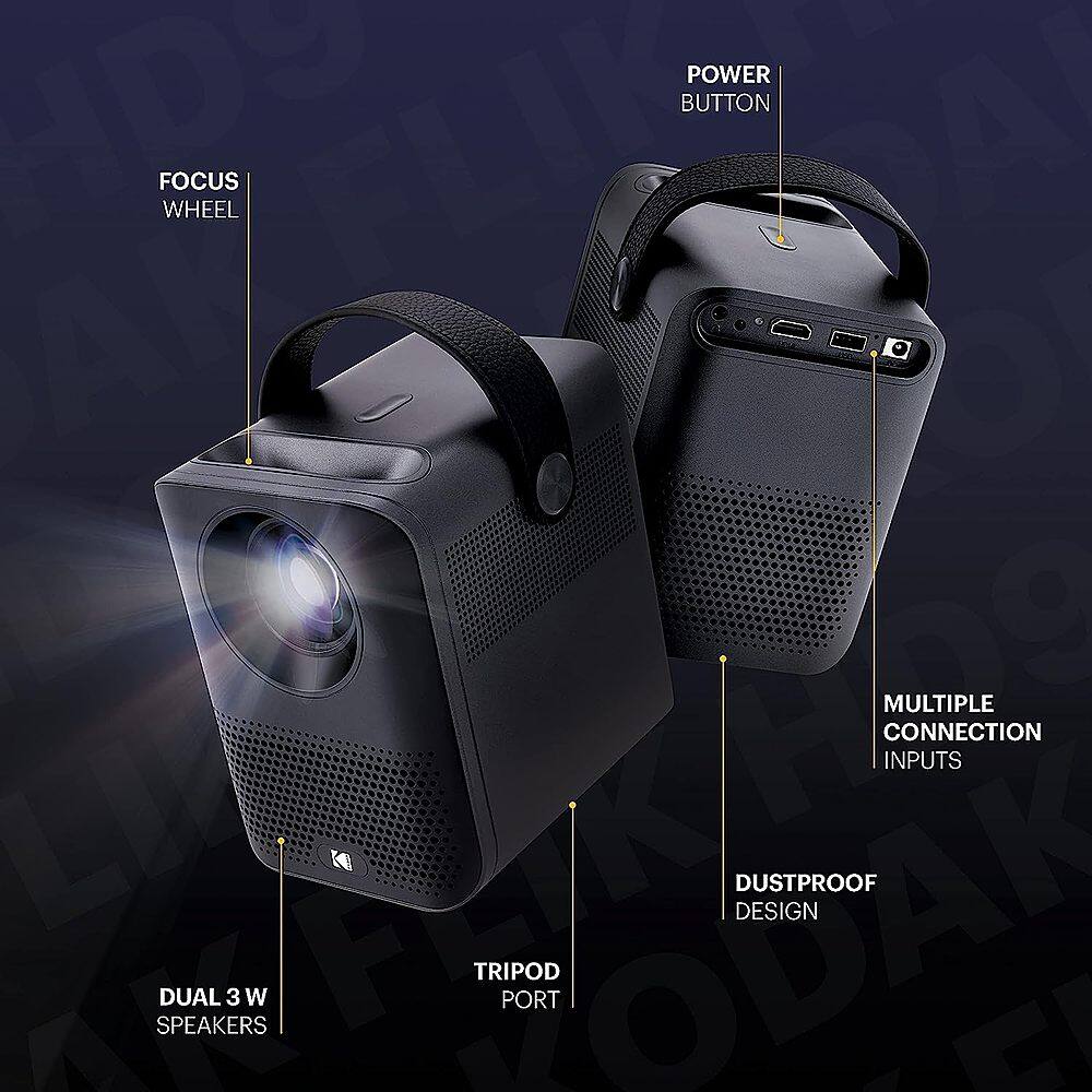 The text on the image is grouped and corrected as follows:

1. Power: HDS 99
2. Focus: Wheel
3. Button: D
4. Multiple: Inputs
5. Dustproof: Design
6. Speakers: Dual 3W
7. Tripod: Port

This grouped and corrected text provides a clear description of the features of the HDS 99 device.