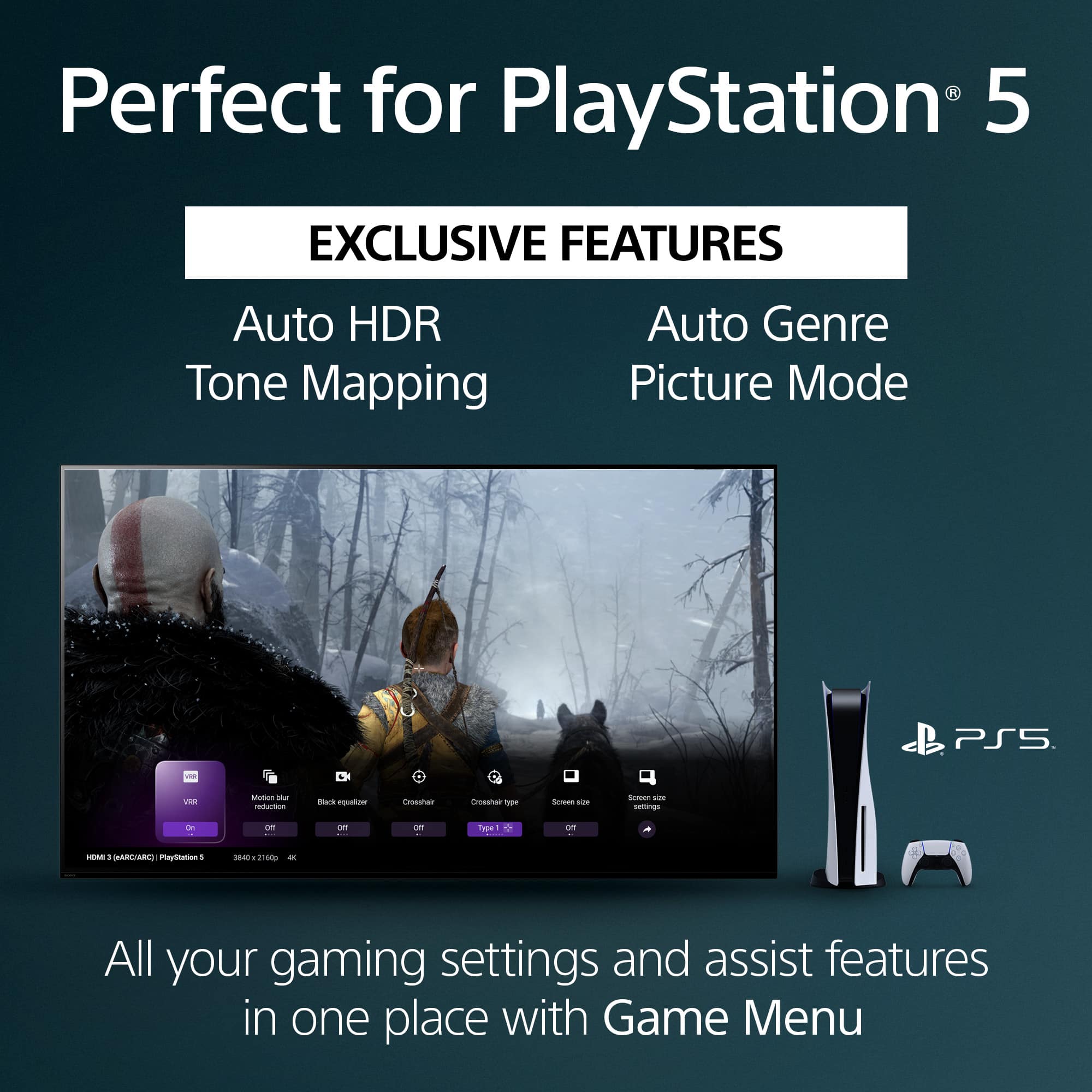 Perfect for PlayStation 5 - Exclusive Features: Auto HDR, Tone Mapping, Auto Genre Picture Mode. PS5 - Via - Returnal Mark Cerny - Cmsshar - em Smoan - Gersan -... semmgs -... on un Tpw + ARG/AR PlayStation - All your gaming settings and assist features in one place with Game Menu.