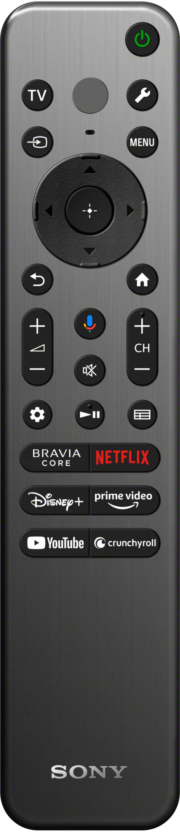 The text on the image reads: "TV G MENU + + CH BRAVIA NETFLIX CORE prime video Disney+ + YouTube crunchyroll SONY."