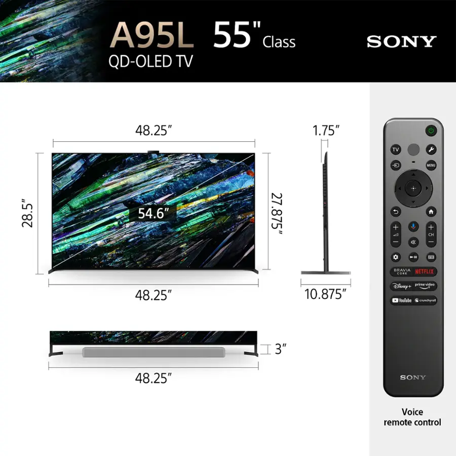 A95L 55" Class QD-OLED TV SONY 48.25" 1.75" TV MENU 28.5" 54.6" 27 27.875" d + CH BRAVIA NETFLIX CORE 48.25" 10.875" prime video Disney+ Yoelabe chunchymul 3" 48.25" SONY Voice remote control