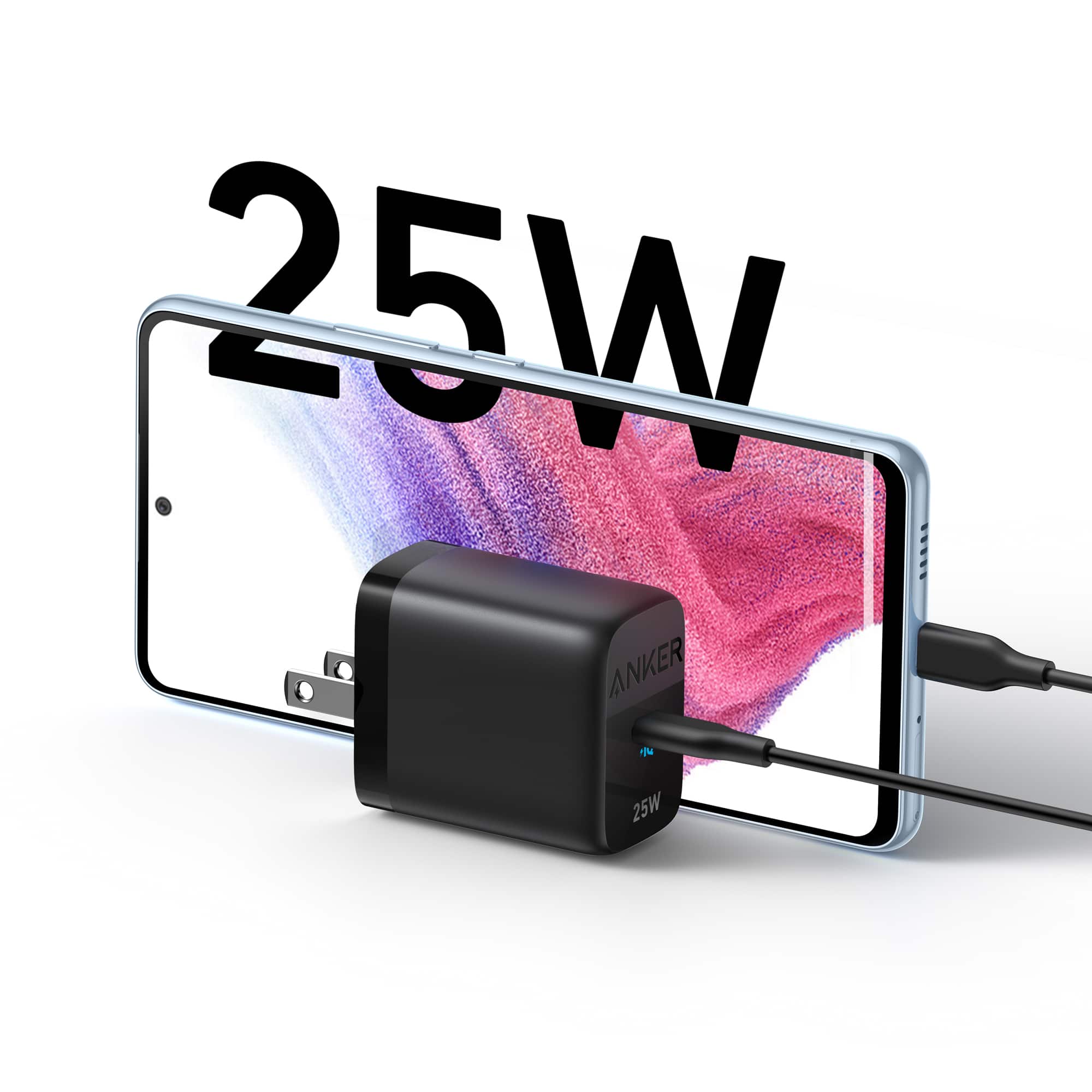 The image features a 25W Anker power adapter and charger, which is designed to charge a smartphone or other devices. The charger is connected to the phone, and the screen displays a purple and pink gradient. The image is a close-up of the charger and phone, showcasing the details of the power adapter and the device it is charging.