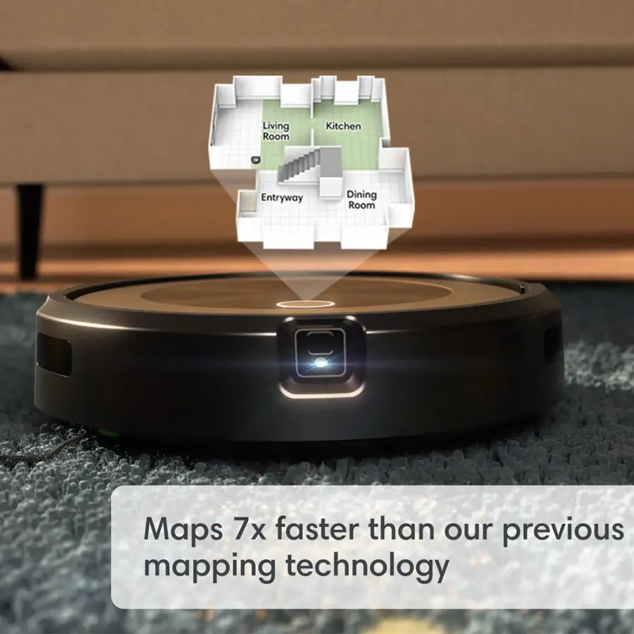 The text on the image reads: "Maps 7x faster than our previous mapping technology Living Room Kitchen Entryway Dining Room."