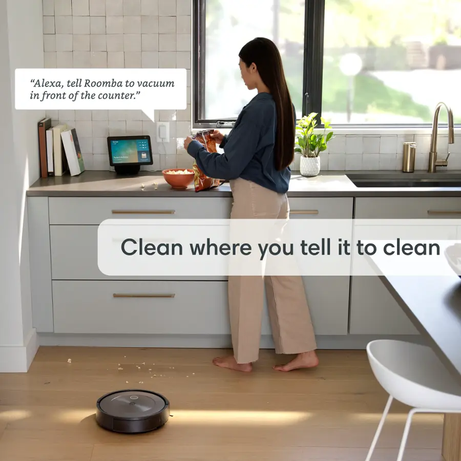 "Alexa, tell Roomba to vacuum in front of the counter." - "Clean where you tell it to clean."