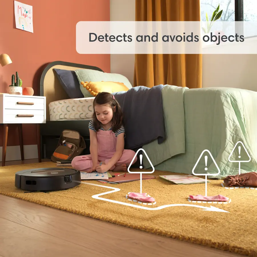 The text on the image reads: "Detects and avoids objects!"