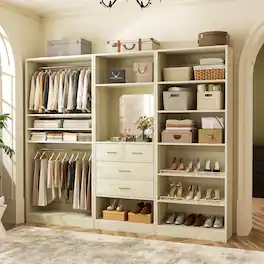 Aheaplus - Large Walk-in Closet System Set of 3, 86'' Wide Closet Storage System with Drawers, Hanging Rods and Shoe Racks - Beige Oak