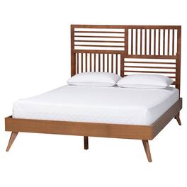 Baxton Studio - Gemma Platform Bed - Mid-Century Modern Bed Frame with Slatted Wood Headboard and Angled Legs for Bedroom, Queen - Ash Walnut