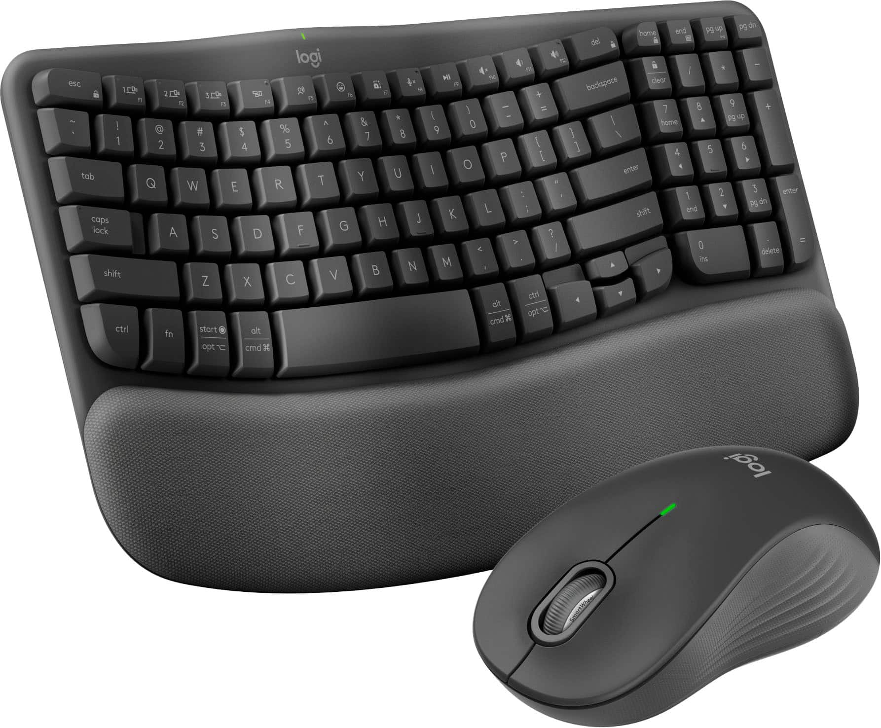 The image features a black keyboard and a black mouse, both made by Logitech. The keyboard is placed on a white background, and the mouse is positioned next to it. The keyboard has a variety of keys, including letters, numbers, and function keys. The mouse has a green light, indicating that it is powered on and ready for use.