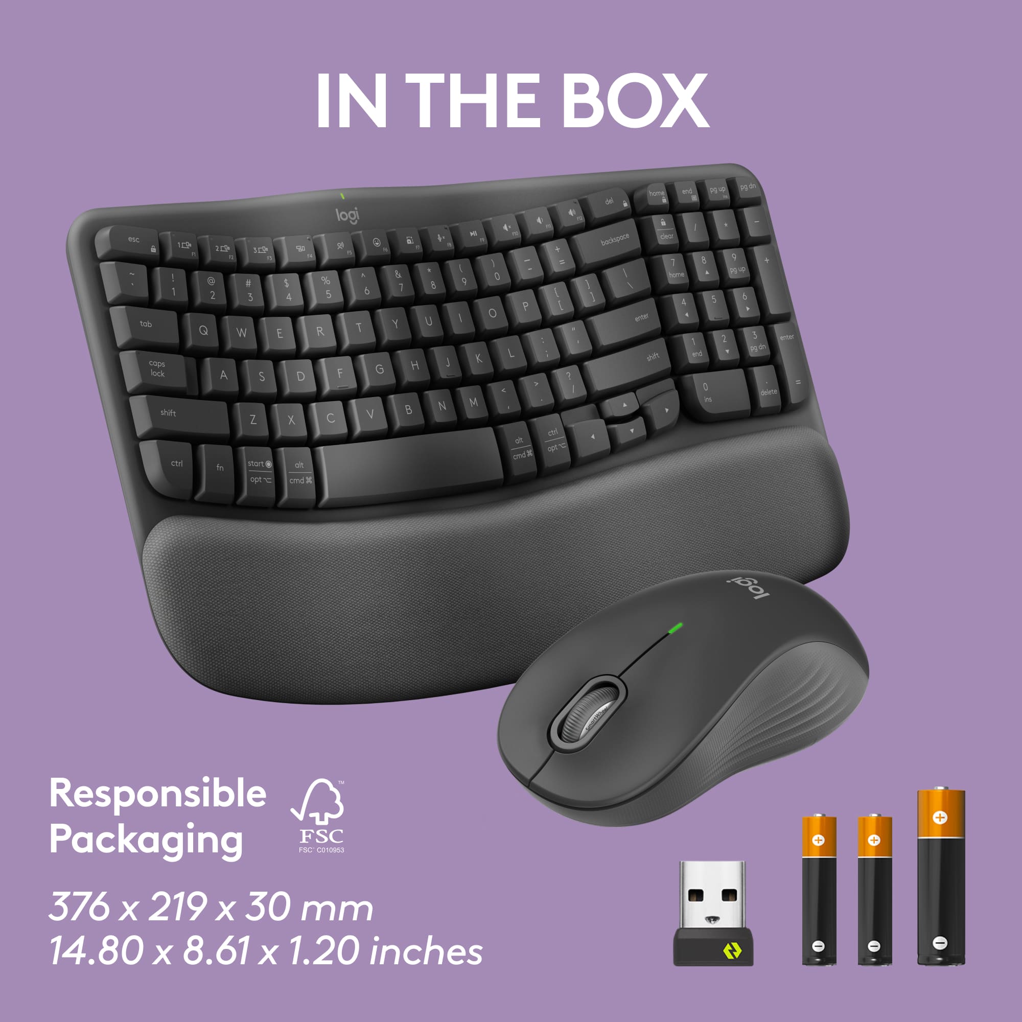 In the box, there is a Logitech keyboard and mouse. The keyboard is black and has a 10-key layout. The mouse is wireless and has a USB receiver. The packaging is responsible and environmentally friendly, made from FSC-certified materials. The dimensions of the keyboard are 376 x 219 x 30 mm, and the mouse measures 14.80 x 8.61 x 1.20 inches.