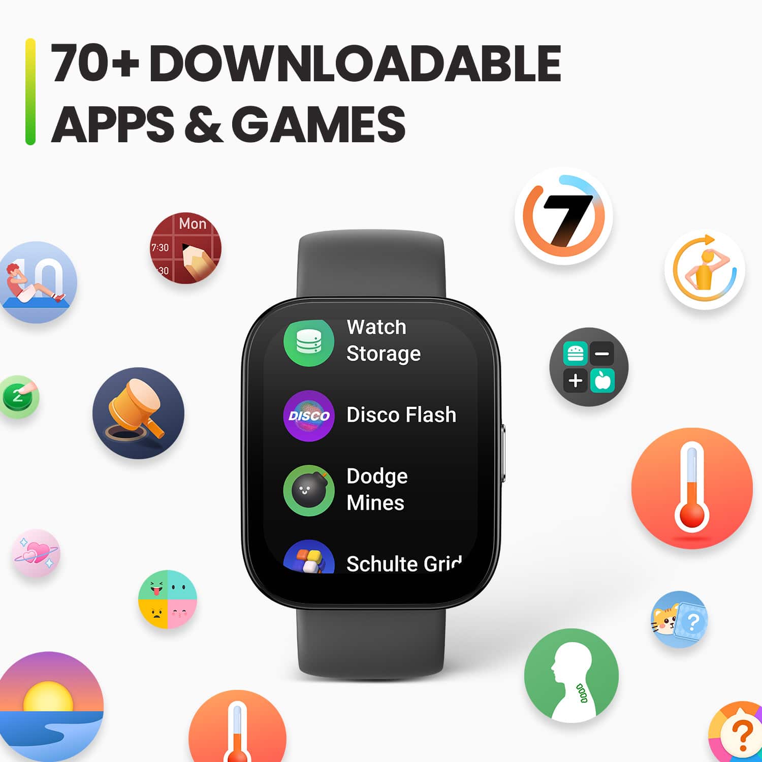 The image features a smartwatch with a variety of apps and games displayed on its screen. The watch is surrounded by icons representing the different apps and games available for download. The watch is described as having 70+ downloadable apps and games, making it a versatile and entertaining device. The watch's screen is filled with various icons, showcasing the diverse range of options available to users.