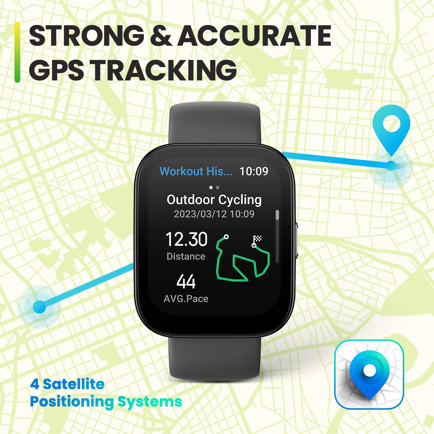 The image showcases a smart watch with a map and GPS tracking capabilities. The watch is displaying information about an outdoor cycling activity, including the distance, average pace, and the date of the workout. The watch is designed to provide accurate and strong GPS tracking, making it an ideal choice for outdoor sports enthusiasts.