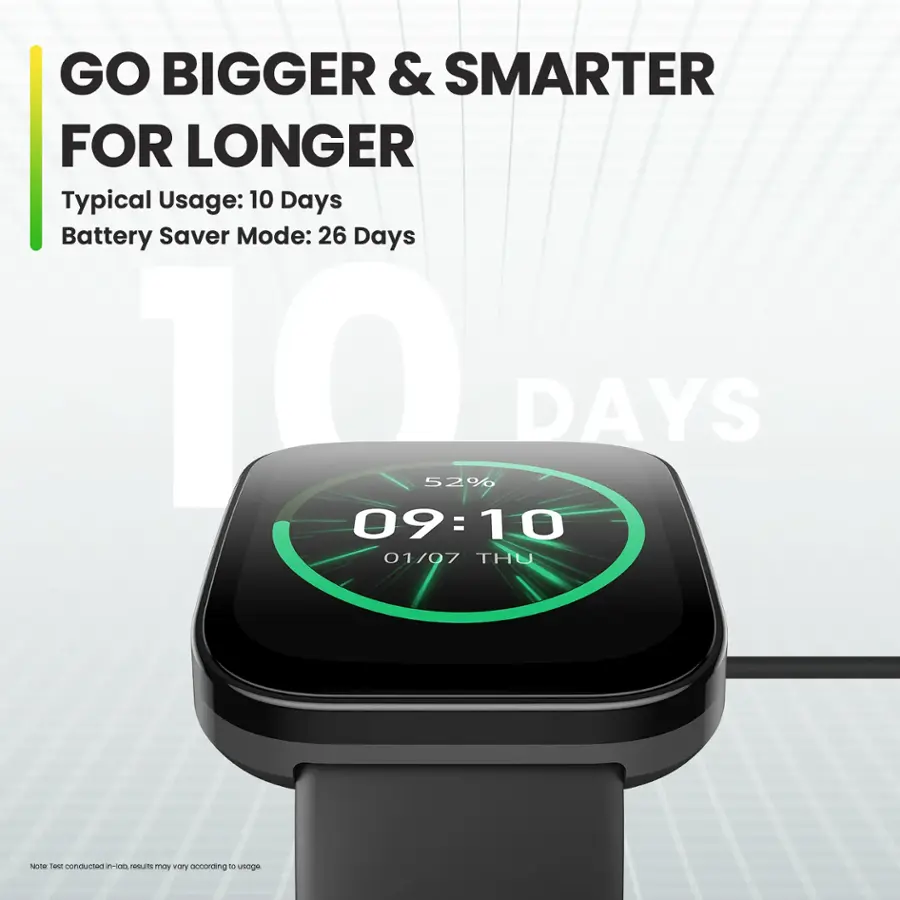 The image features a smart watch with a large screen, which is advertised as being "bigger & smarter for longer." The watch has a typical usage of 10 days and a battery saver mode that can last up to 26 days. The image also shows the time displayed on the watch, which is 09:10 on January 7th.