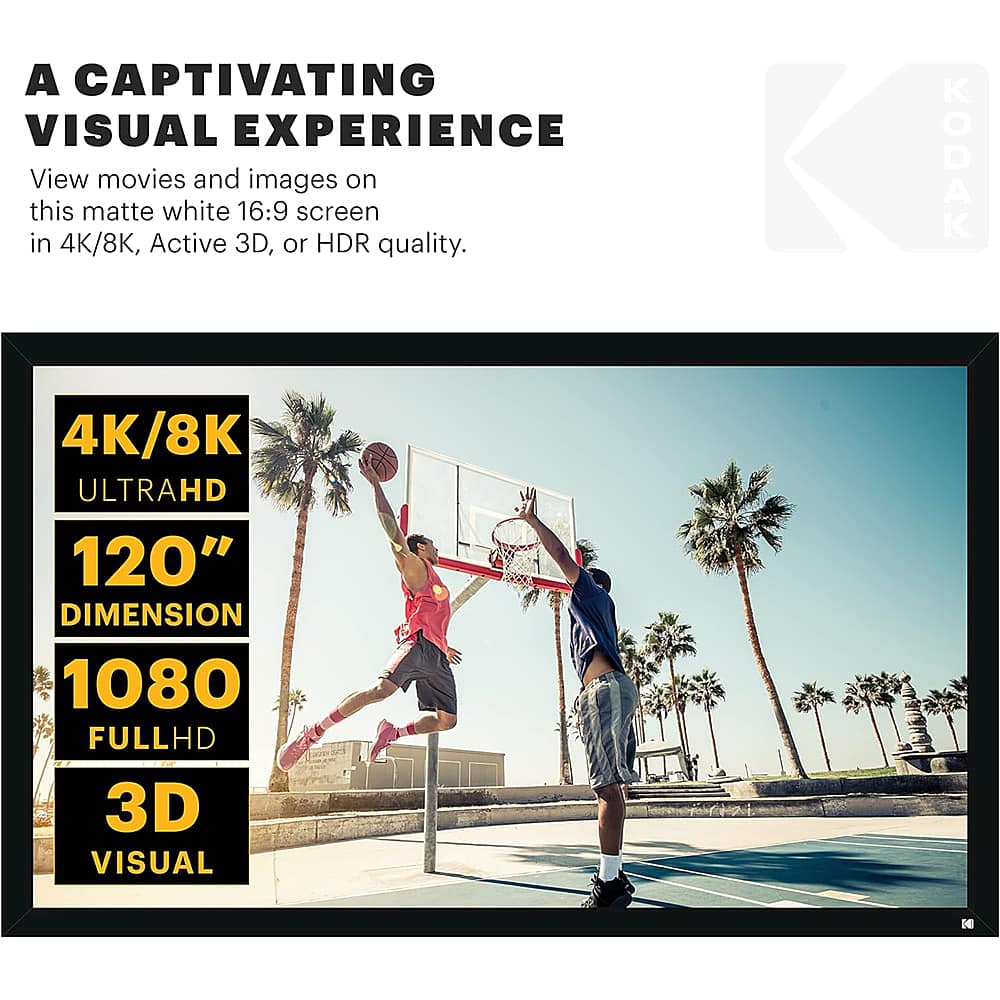 A captivating visual experience. View movies and images on this matte white 16:9 screen in 4K/8K, Active 3D, or HDR quality. 4K/8K UltraHD 120" Dimension 1080 FullHD 3D Visual.