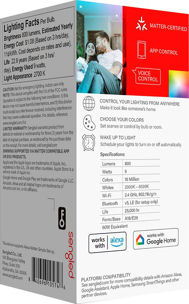 Left. Sengled - A19 WiFi Color Matter-Enabled 60W Smart Led Bulb, Works With Amazon Alexa and Google Assistant - Multi.