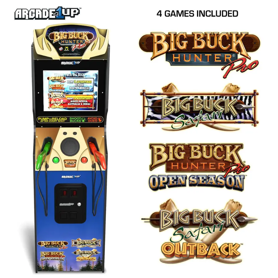The image features a video game console called Big Buck Hunter, which is designed by Arcade-1UP. The console has a blue and gold color scheme and includes four games: Big Buck Hunter, Big Buck Safari, Big Buck Pro, and Big Buck Open Season. The console is designed for use in North America, Australia, and India. The image also shows a close-up of the console, highlighting its features and design.