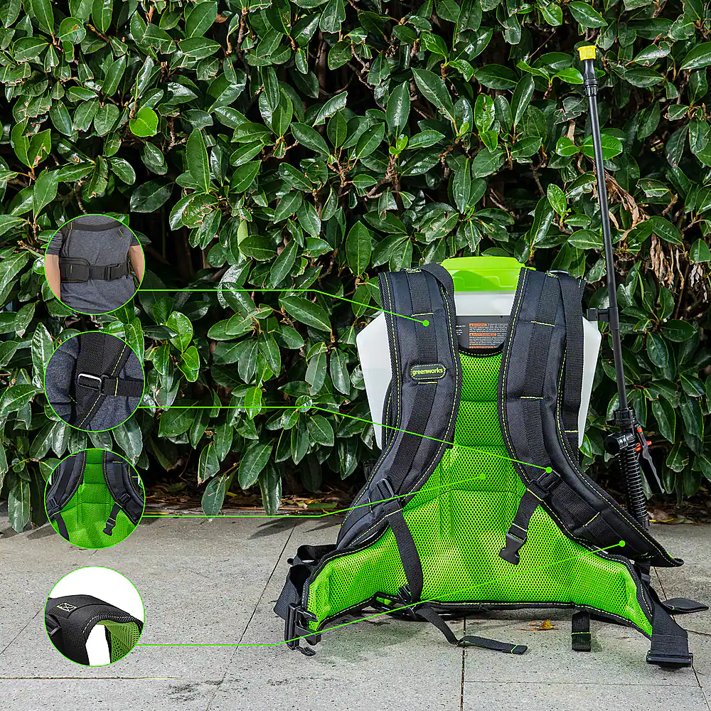 Angle. Greenworks - 80V 4 Gallon Backpack Sprayer with 2Ah Battery & Charger - Green.