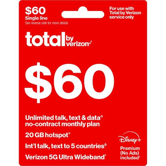 Front. Total by Verizon - $60 Unlimited Talk Text & Data Single Device No Contract Monthly Plan.