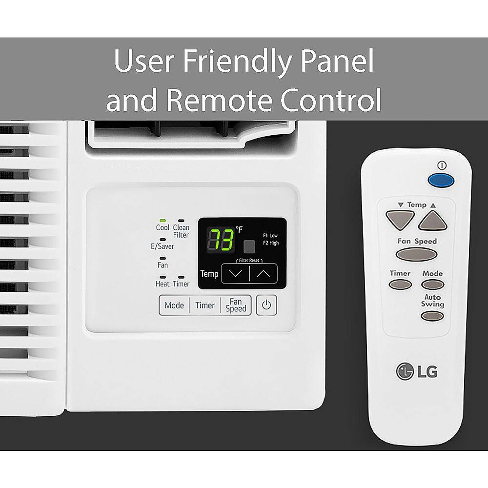 User Friendly Panel and Remote Control for Air Conditioner and Heater. Features include a temperature control panel, a cool clean filter, energy saver, fan, heat timer, and fan speed timer. The remote control allows for easy adjustment of settings, including fan mode, timer mode, and timer speed. The LG brand is known for its quality and reliability.