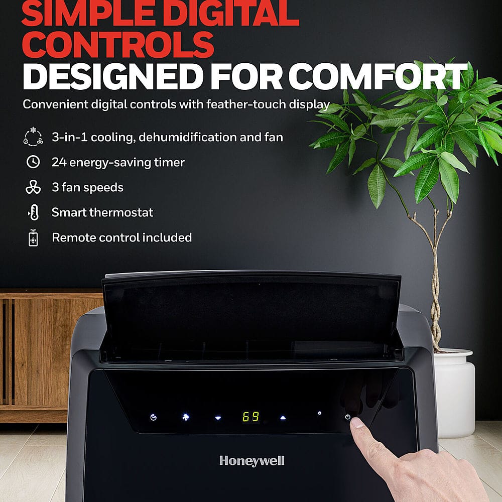 Simple Digital Controls Designed for Comfort: Convenient digital controls with feather-touch display, 3-in-1 cooling, dehumidification, and fan, 24 energy-saving timer, 3 fan speeds, Smart thermostat, Remote control included.