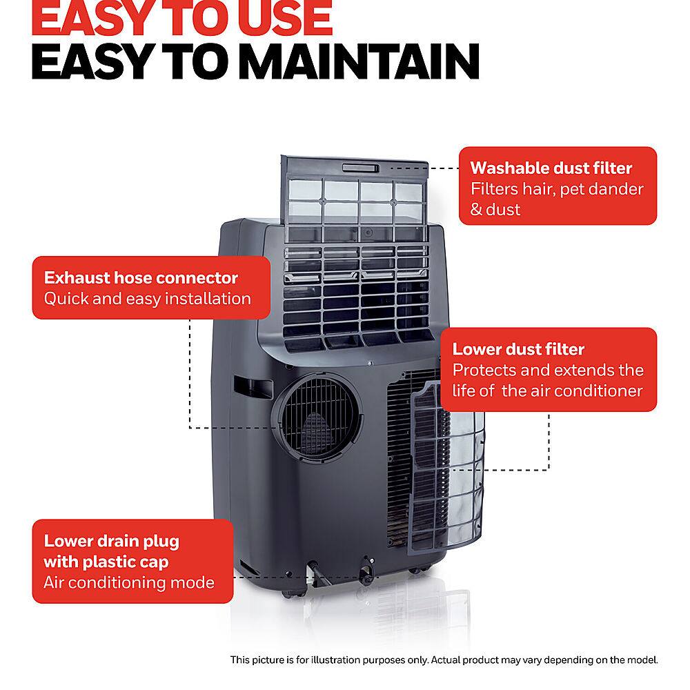 Easy to Use, Easy to Maintain
Washable dust filter: Filters hair, pet dander, and dust
Exhaust hose connector: Quick and easy installation
Lower dust filter: Protects and extends the life of the air conditioner
Lower drain plug with plastic cap: Air conditioning mode
This picture is for illustration purposes only. Actual product may vary depending on the model.