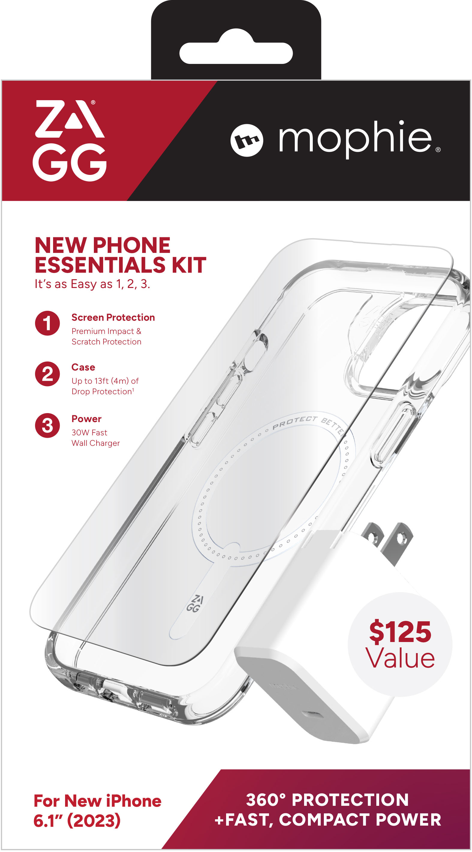 ZAGG - mophie New Phone Essentials Kit: 360 Protection + Fast, Compact Power for Apple iPhone 15 - Clear/White