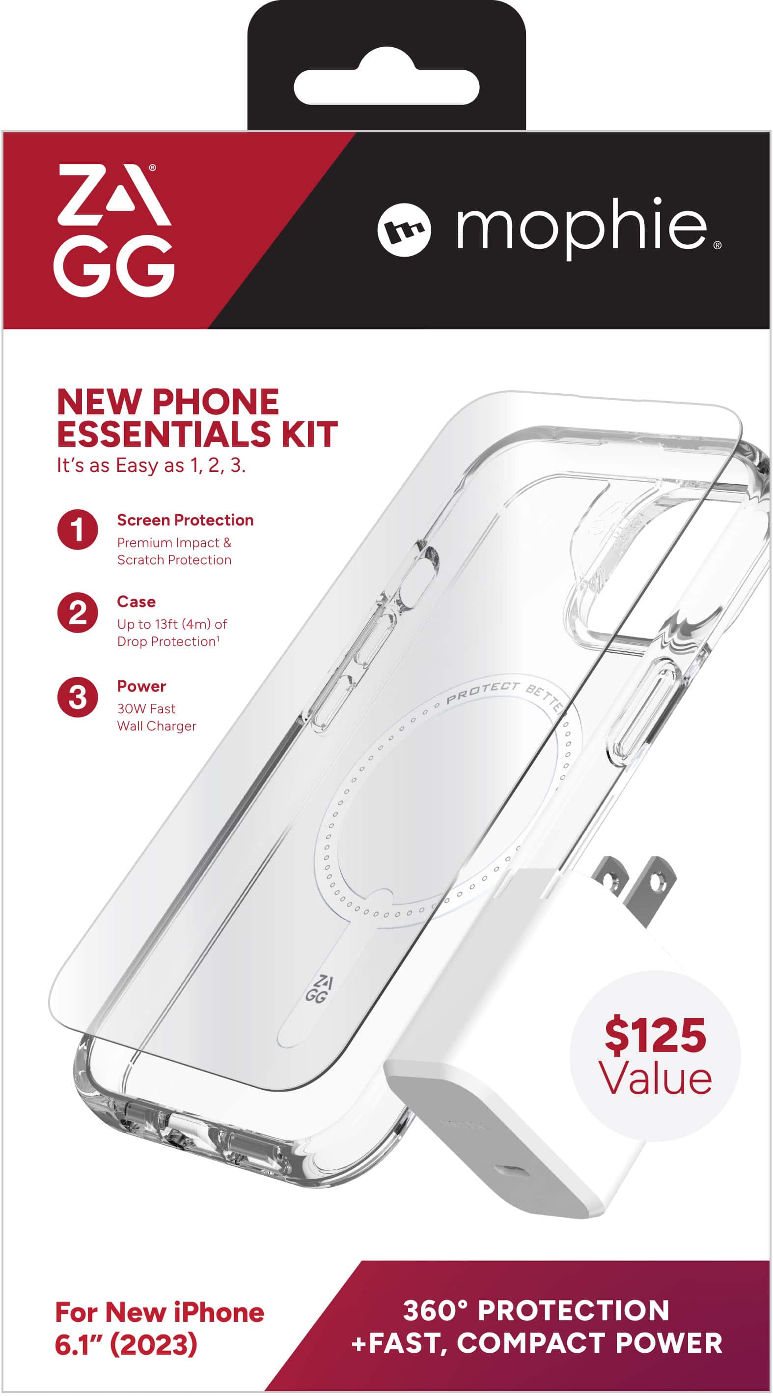 Alt View 1. ZAGG - mophie New Phone Essentials Kit: 360 Protection + Fast, Compact Power for Apple iPhone 15 - Clear/White.