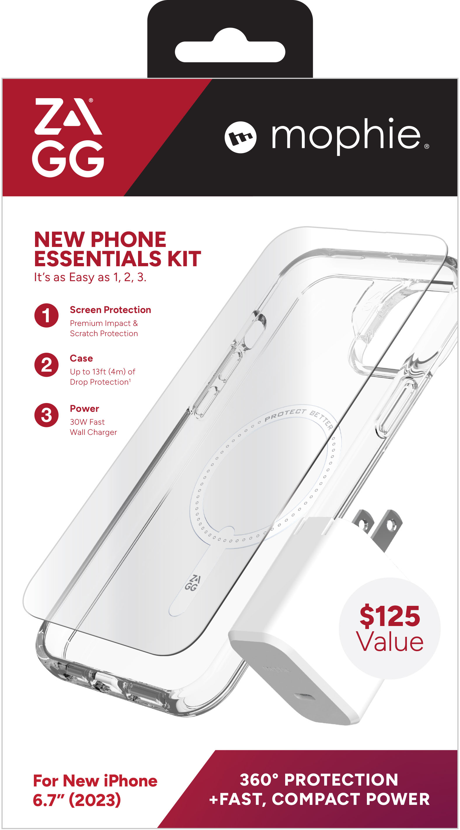ZAGG - mophie New Phone Essentials Kit: 360 Protection + Fast, Compact Power for Apple iPhone 15 Plus - Clear/White