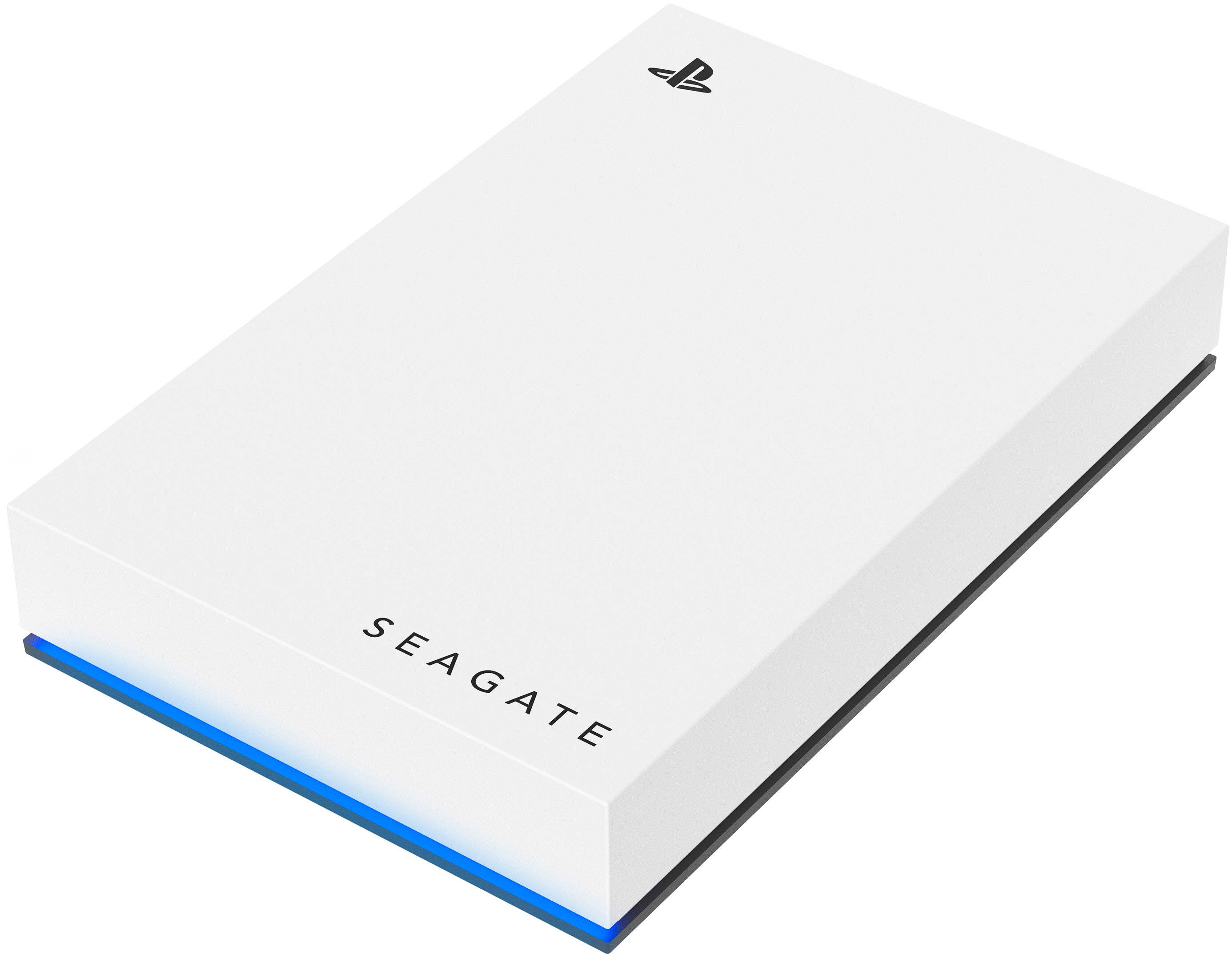 Left. Seagate - Game Drive for PlayStation Consoles 5TB External USB 3.2 Gen 1 Portable Hard Drive with Blue LED Lighting - White.