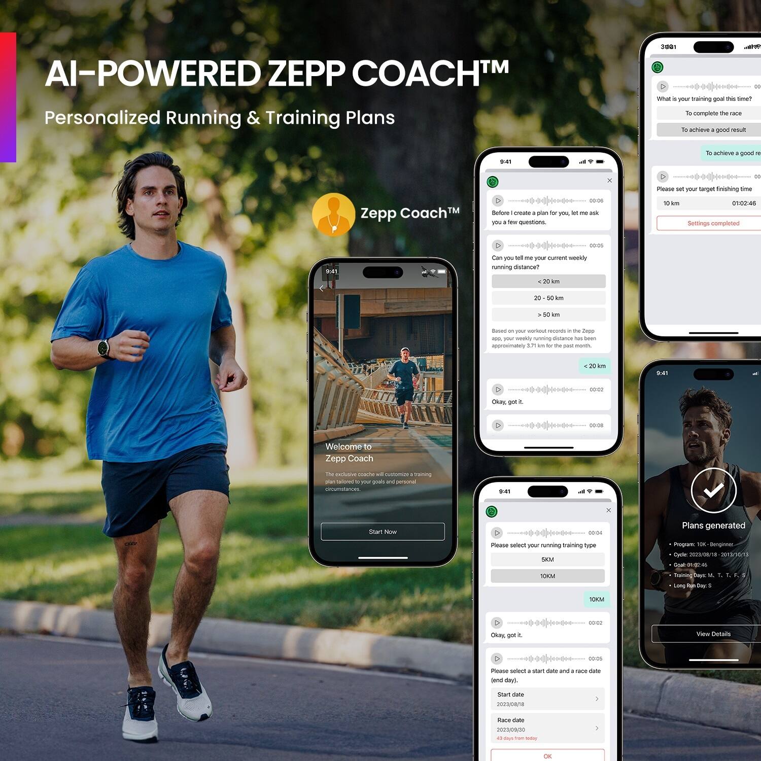 AI-POWERED ZEPP COACH Personalized Running & Training Plans

* Personalized coaching based on your running data
* Achieve your running goals with customized plans
* Get daily training suggestions and feedback
* Track your progress and monitor your improvements
* Access to a community of like-minded runners
* Integration with popular running apps and devices
* Start your journey today!
