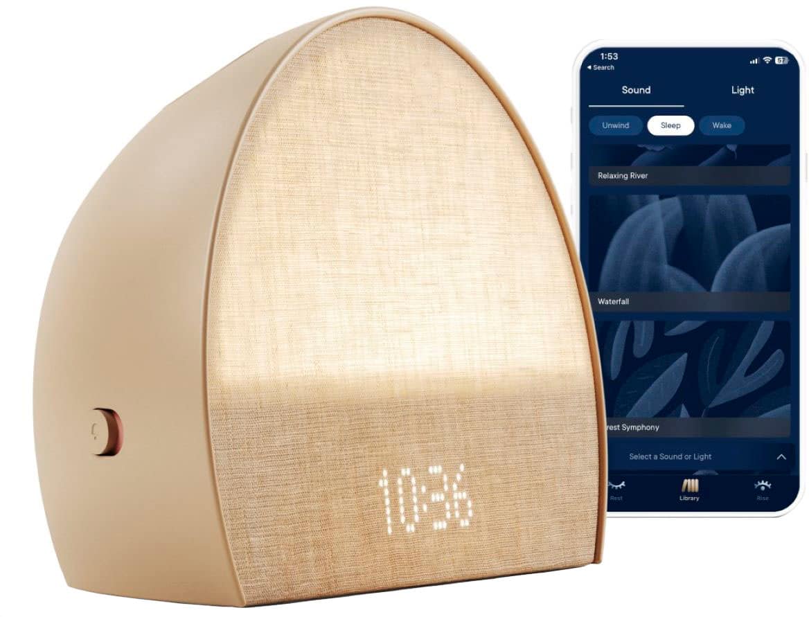 The image features a clock and a smartphone placed next to each other. The clock displays the time as 9:41. The smartphone is showing the time as 10:86. The device also has a sleep timer app that offers various sound options, such as Calm Ocean, Thunderstorm, and Orange. The app also allows users to preview and restore their selected sound.