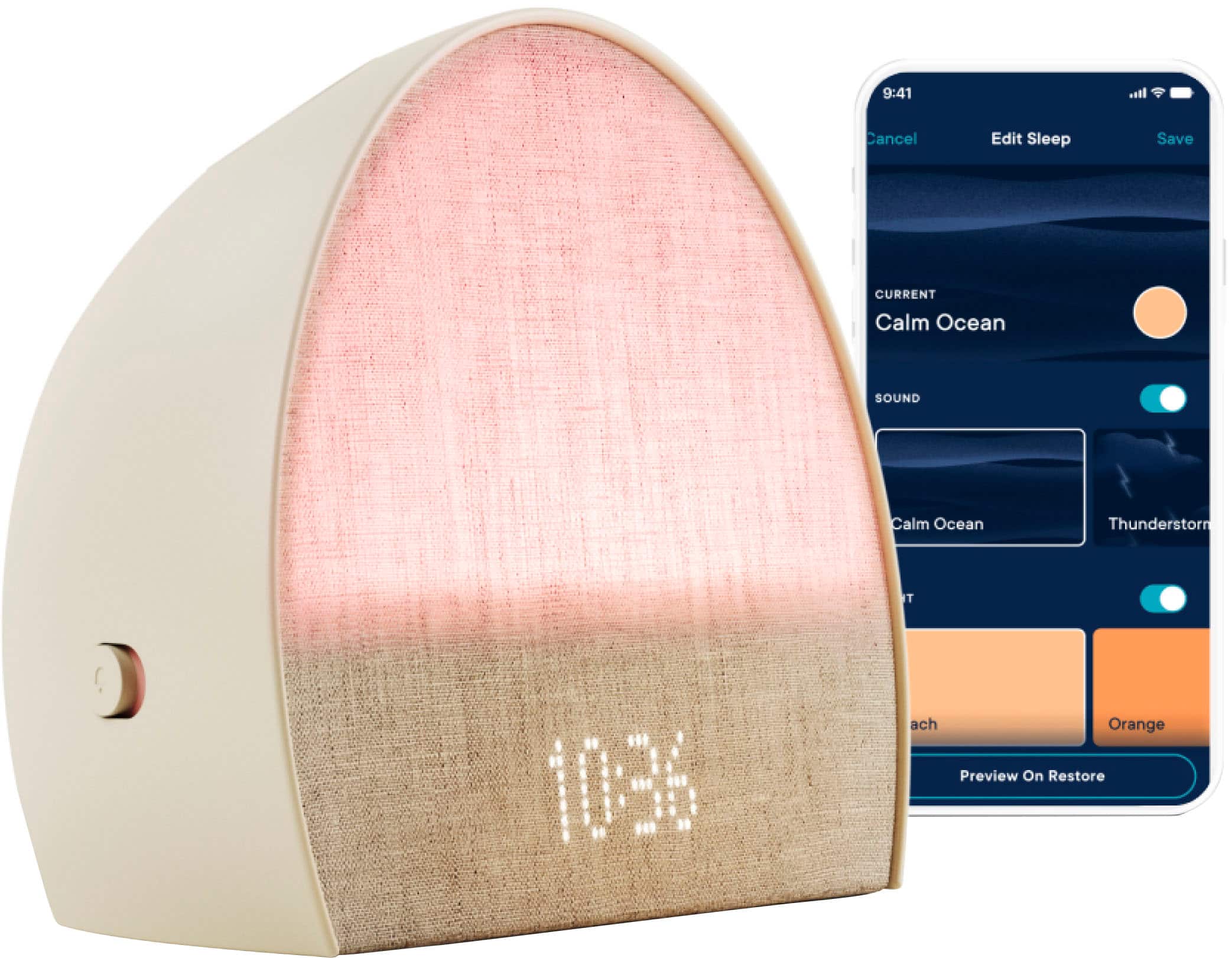 The image shows a clock with a pink cover and a phone next to it. The clock displays the time 9:41. The phone is open to a sleep app, which offers various sound options for a calming sleep experience. The sound options include Calm Ocean, Thunderstorm, and Orange, among others. The app also allows users to preview and restore their chosen sound.