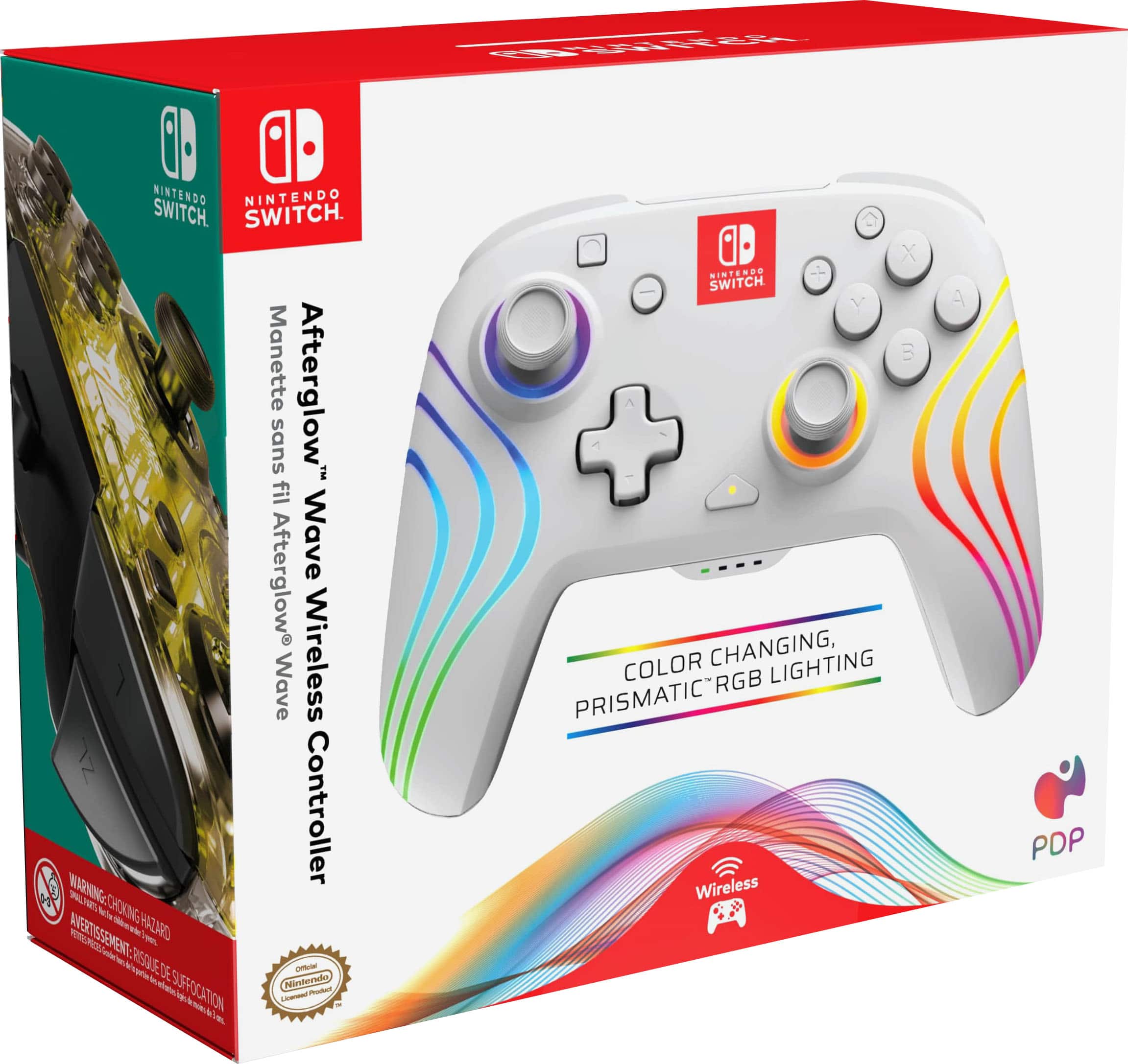 The image features a Nintendo Switch Wireless Controller with a color changing, prismatic RGB lighting. The controller is designed to work with the Nintendo Switch gaming console and is compatible with various games. The controller is packaged in a box, which includes a colorful design and a warning label. The box also features a PDP logo.