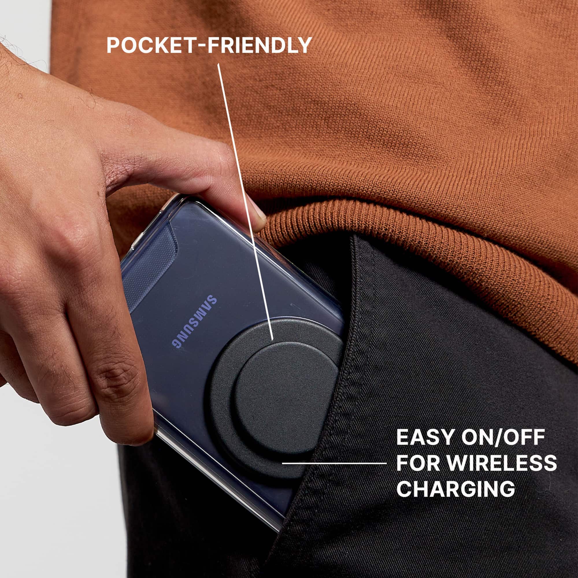 The text on the image reads "Pocket-friendly Samsung easy on/off for wireless charging."