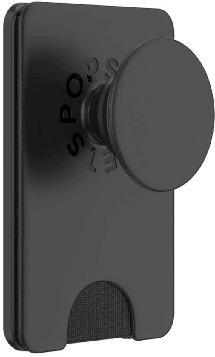 Angle. PopSockets - MagSafe PopWallet+ Cell Phone Wallet & Grip, with Adapter Ring - Black.