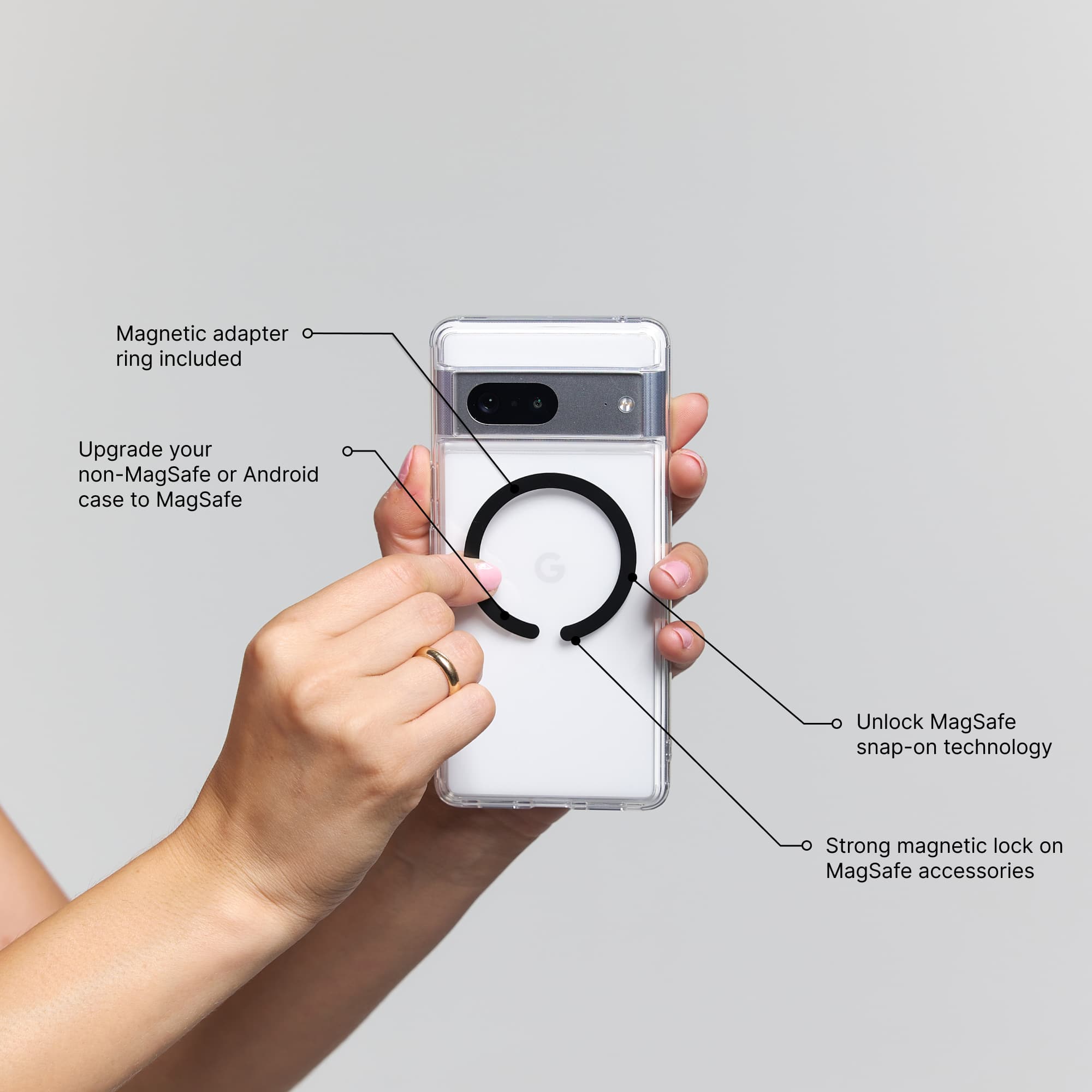The image features a person holding a cell phone with a magnetic adapter ring attached to it. The ring is used to upgrade non-MagSafe or Android cases to MagSafe, providing a strong magnetic lock on MagSafe accessories. The person is also wearing a ring, which is likely the ring used to attach the magnetic adapter ring to the cell phone.