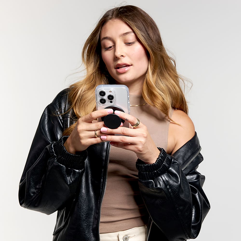 The text on the image is grouped and corrected as follows:
"Androids or iPhone 11 & older: Adapter ring included. Use on ALL non-MagSafe cases. Samsung."